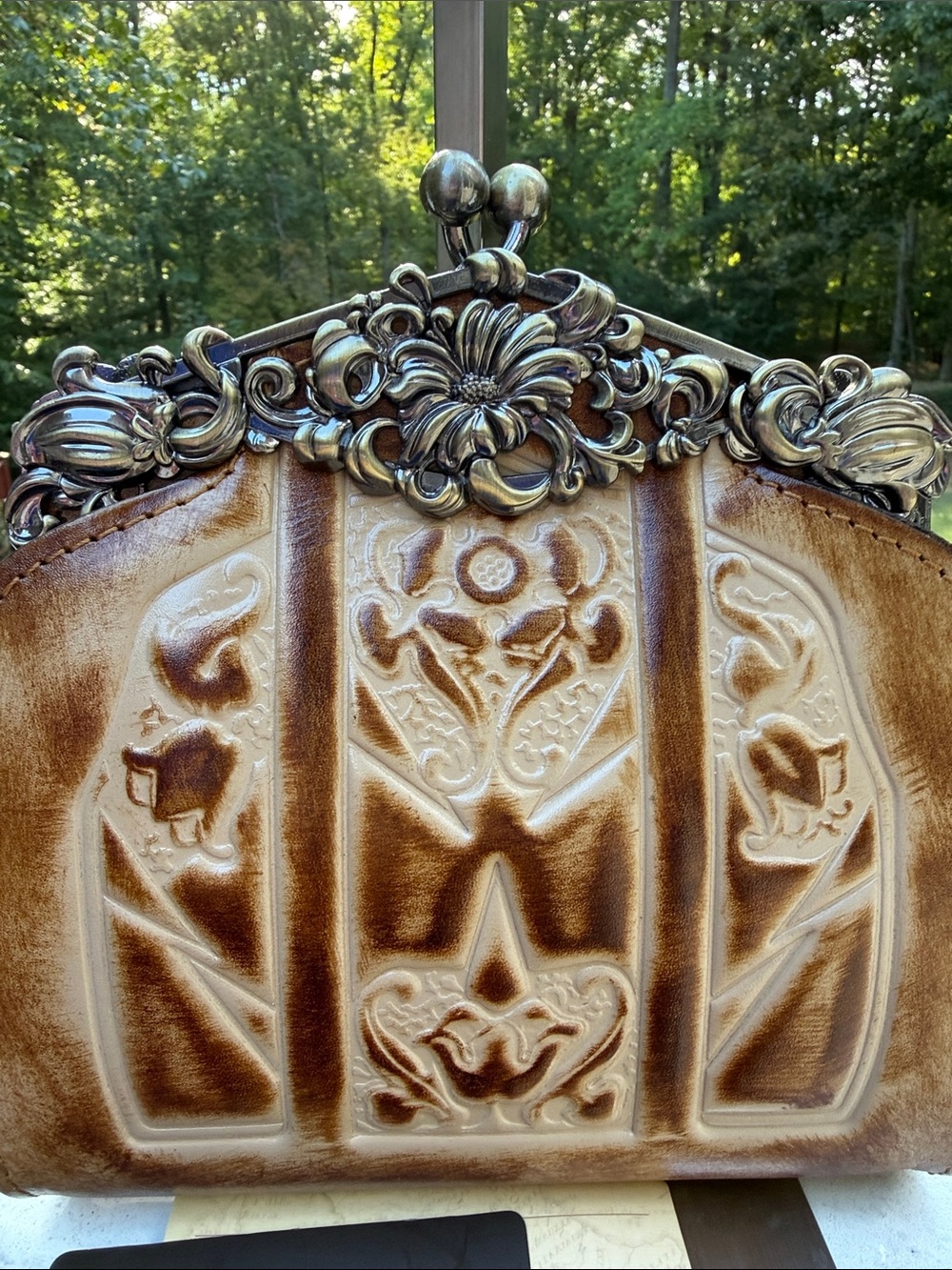 Patricia Nash Sand and Tan Embossed Leather Shoulder Bag with Ornate Metal Frame - Picture 6 of 17